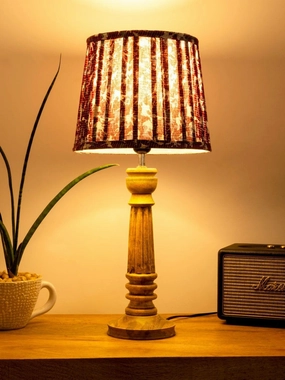 Wooden Pillar Brown lamp with pleeted Colorful Soft Shade Louis Poulsen chandelier