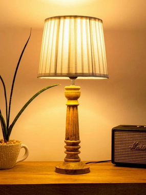 Wooden Pillar Brown lamp with pleeted White Soft Shade Louis Poulsen chandelier