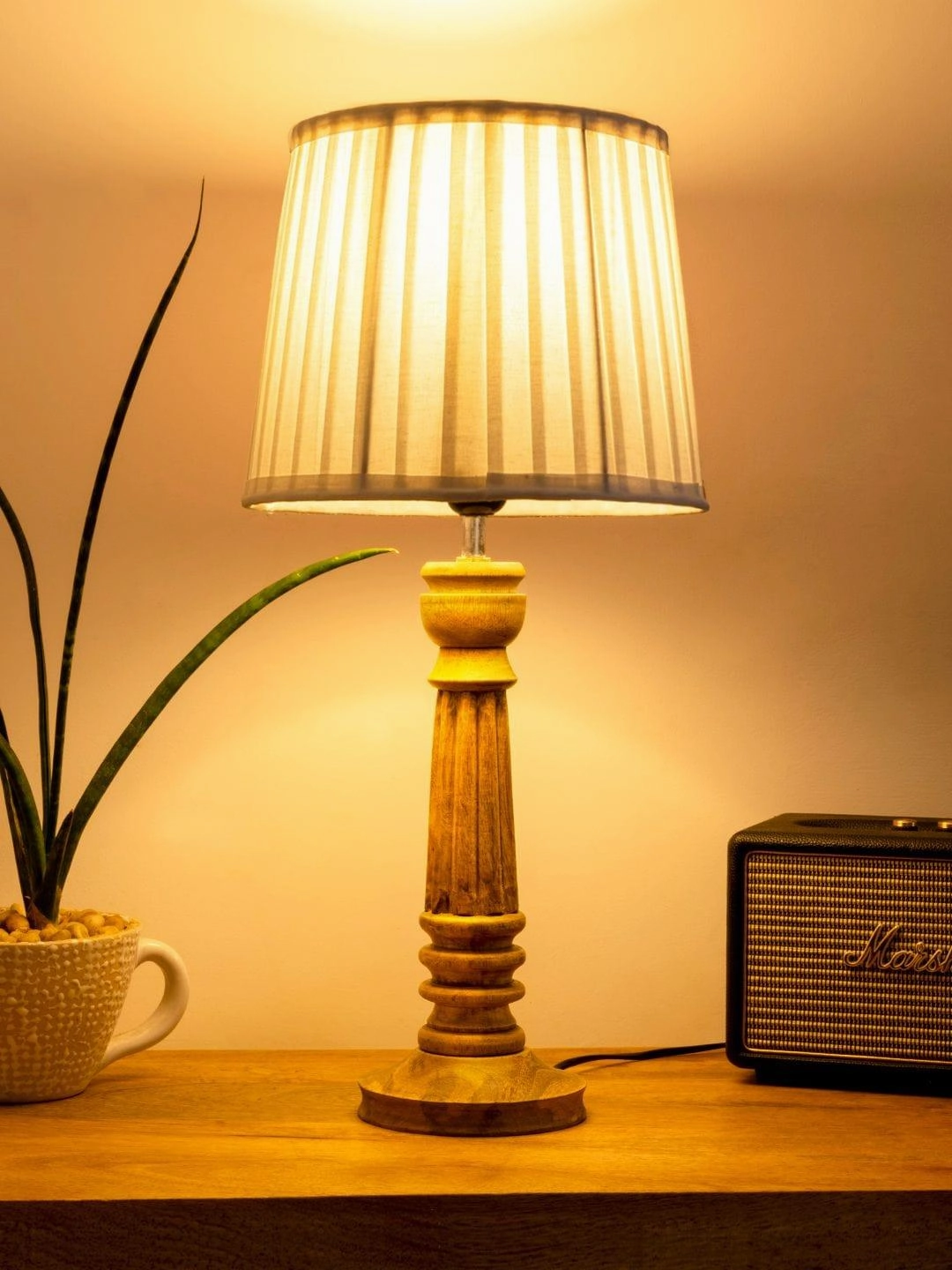 Wooden Pillar Brown lamp with pleeted White Soft Shade Louis Poulsen chandelier