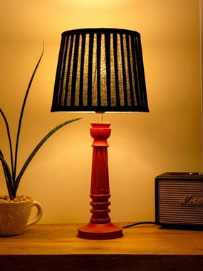 Wooden Pillar Pink lamp with pleeted Black Soft Shade Louis Poulsen chandelier