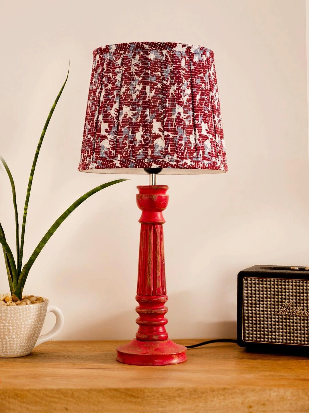 Wooden Pillar Pink lamp with pleeted Colorful Soft Shade