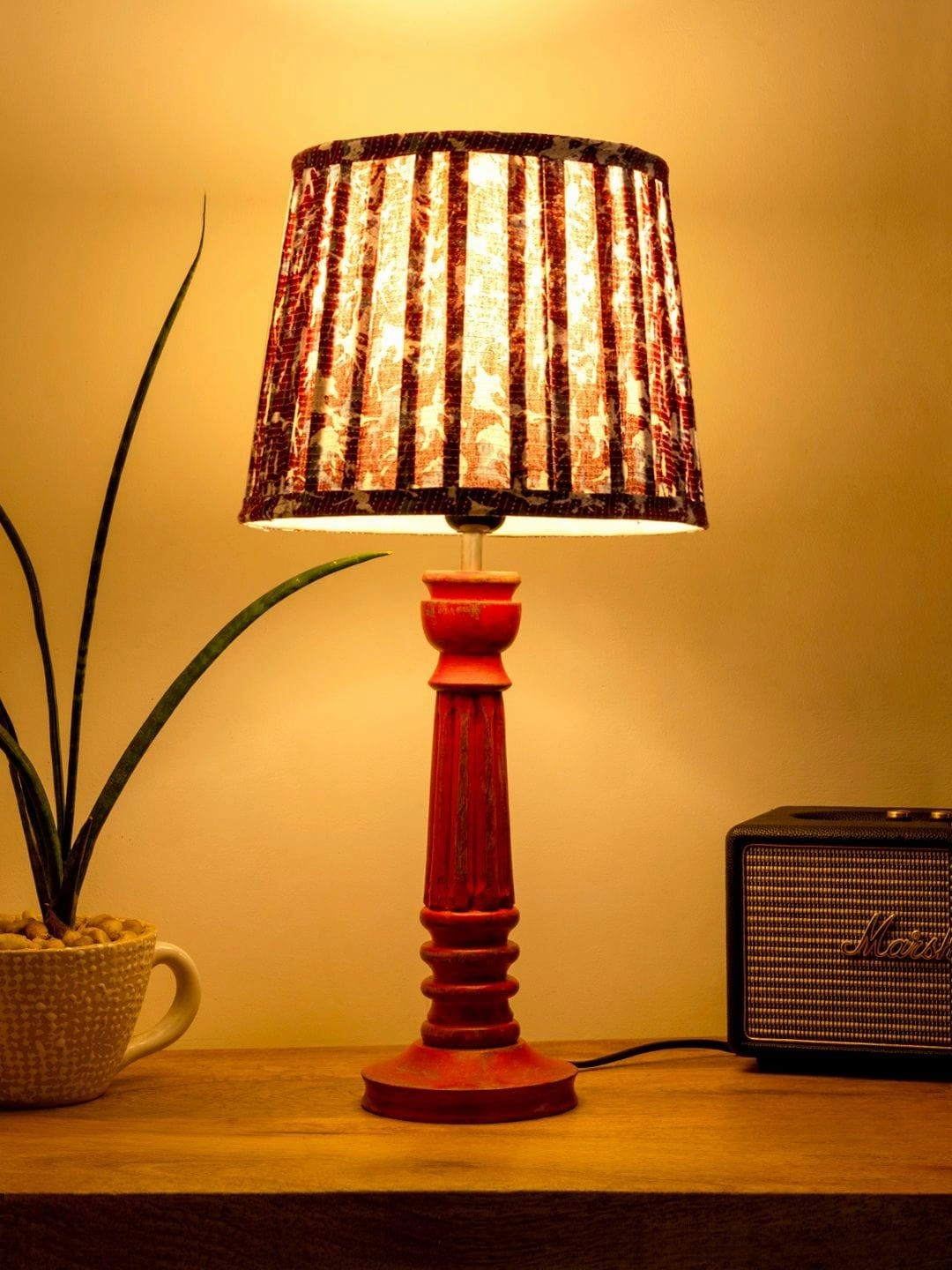 Wooden Pillar Pink lamp with pleeted Colorful Soft Shade Louis Poulsen chandelier