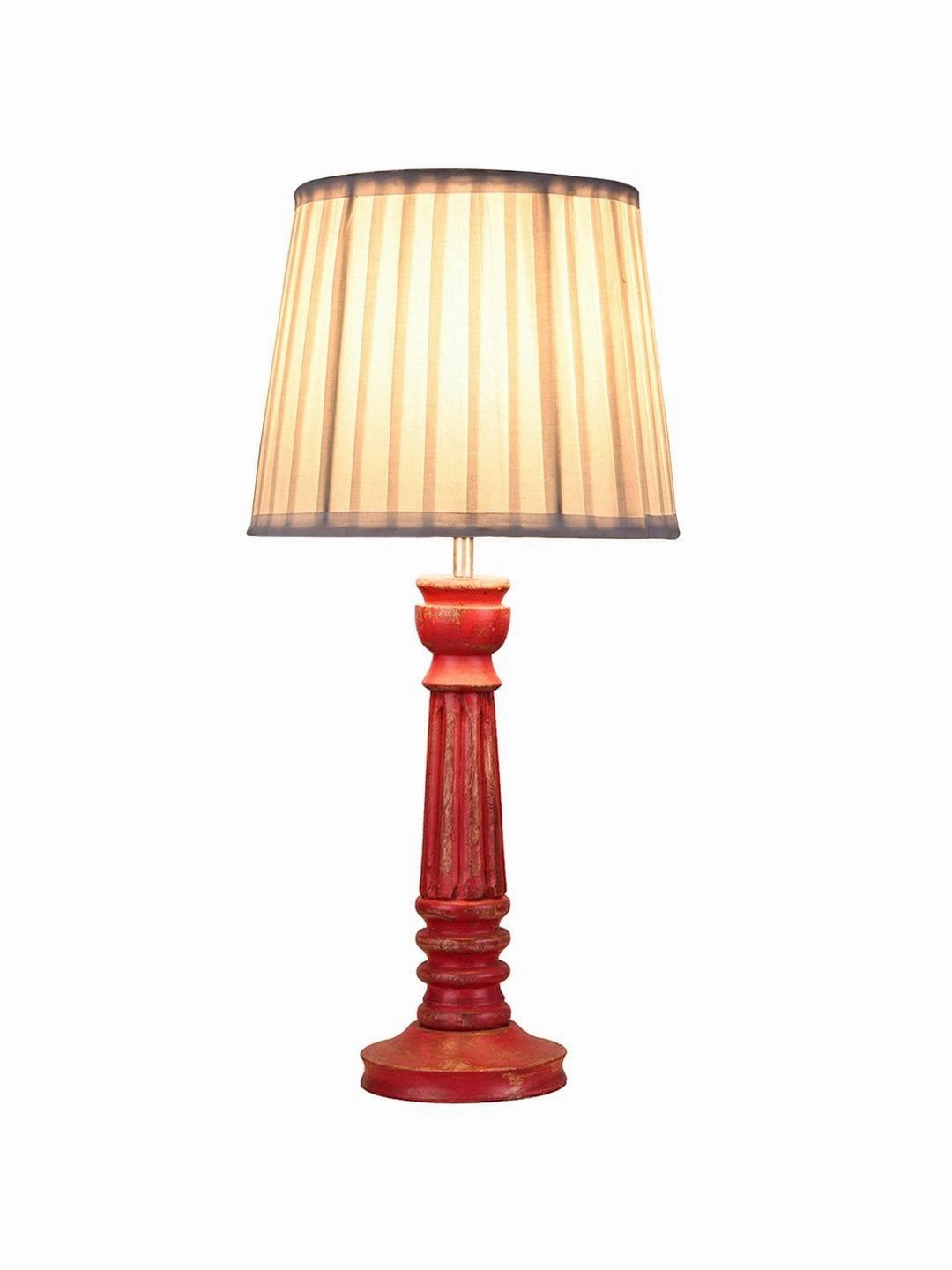 Wooden Pillar Pink lamp with pleeted White Soft Shade