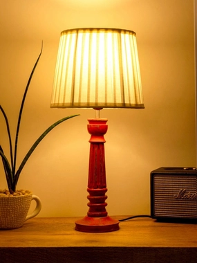 Wooden Pillar Pink lamp with pleeted White Soft Shade Louis Poulsen chandelier