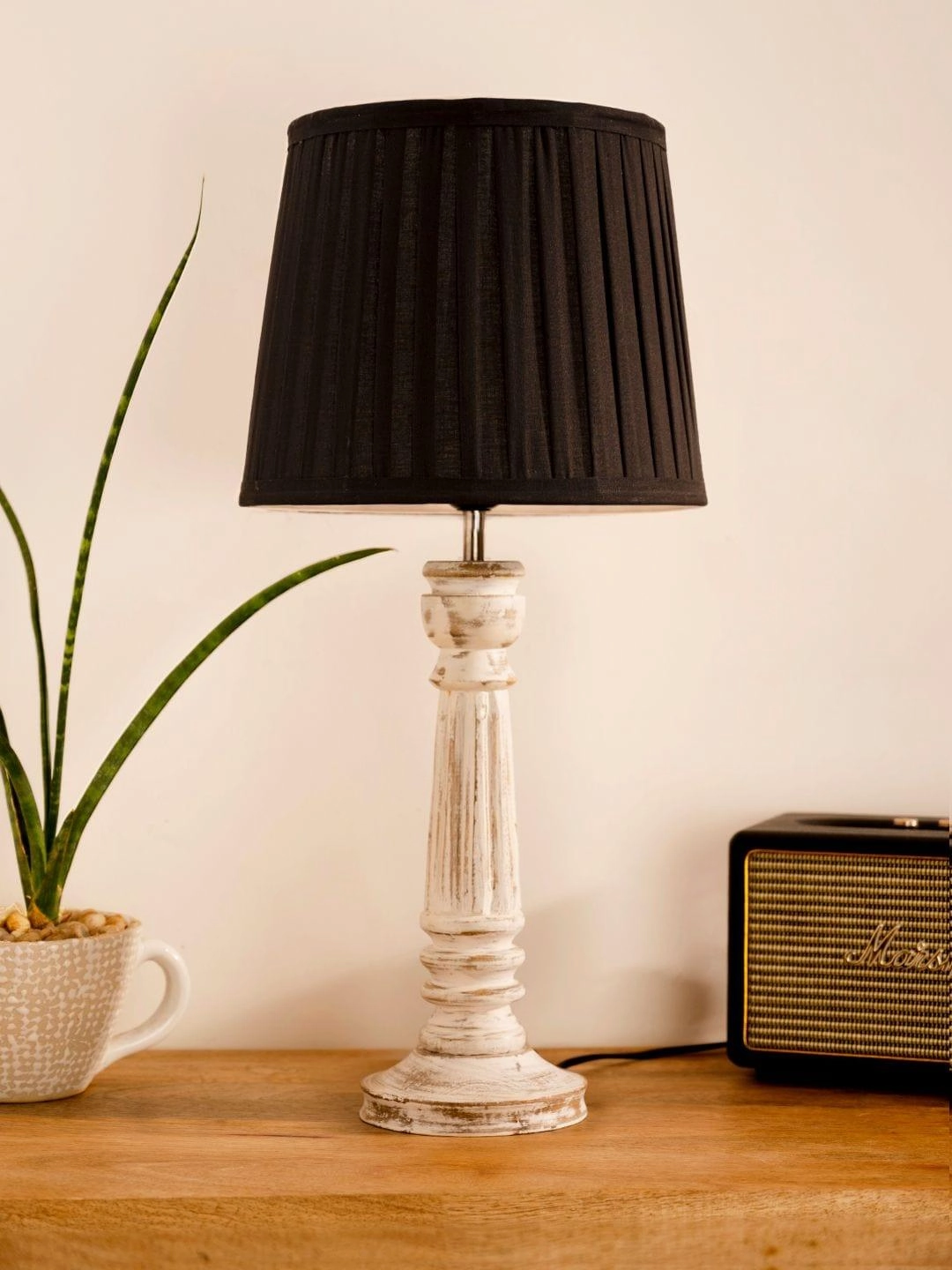 Wooden Pillar White lamp with pleeted Black Soft Shade