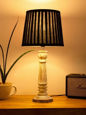 Wooden Pillar White lamp with pleeted Black Soft Shade Louis Poulsen chandelier