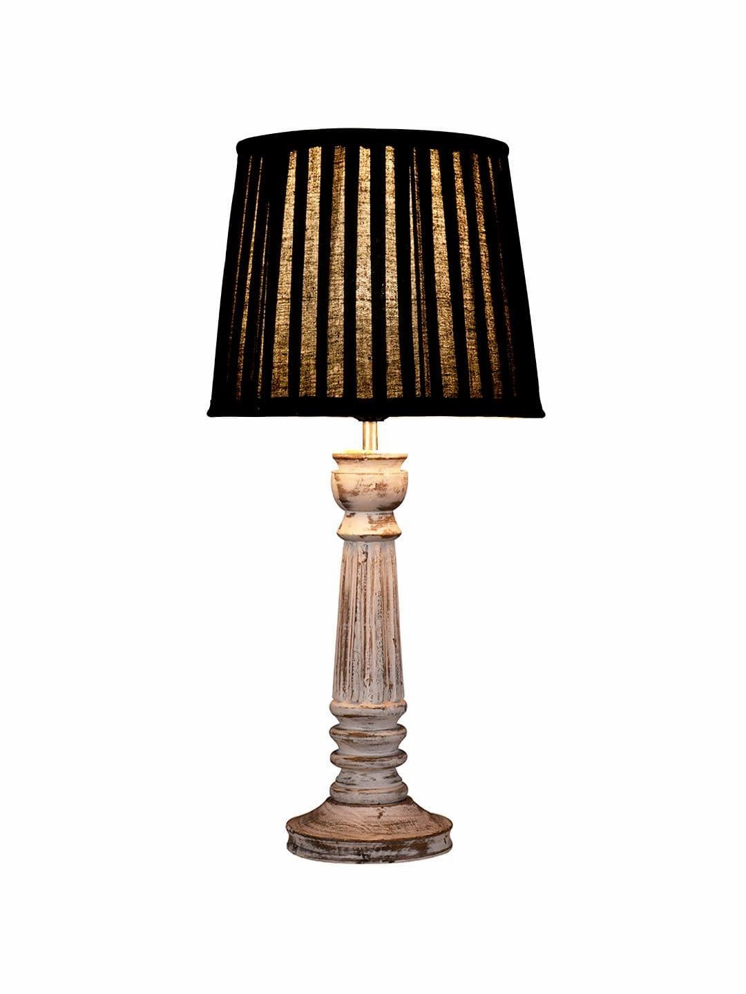 Wooden Pillar White lamp with pleeted Black Soft Shade
