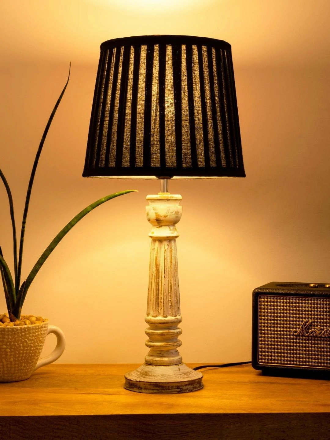 Wooden Pillar White lamp with pleeted Black Soft Shade Louis Poulsen chandelier