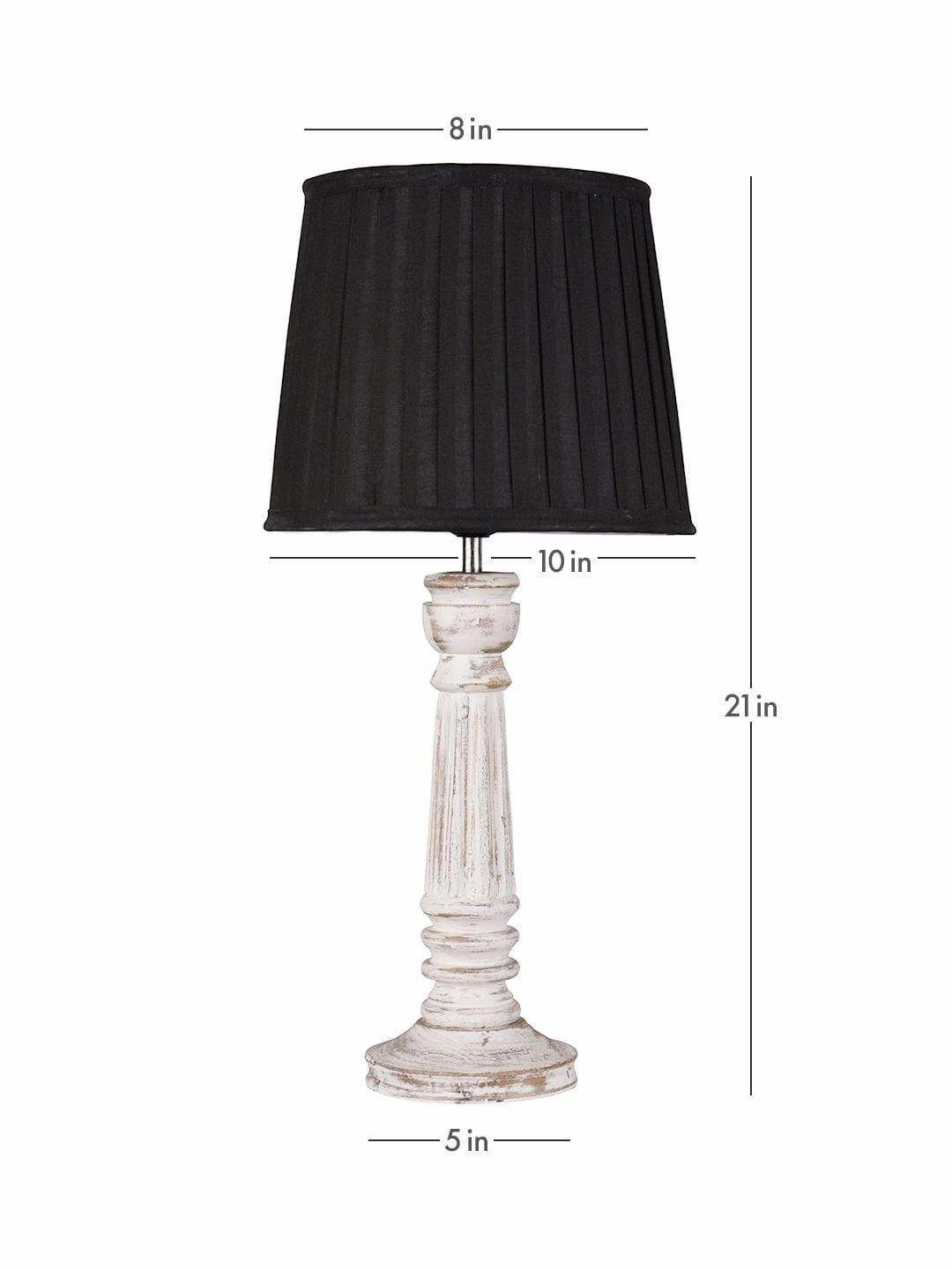 Wooden Pillar White lamp with pleeted Black Soft Shade