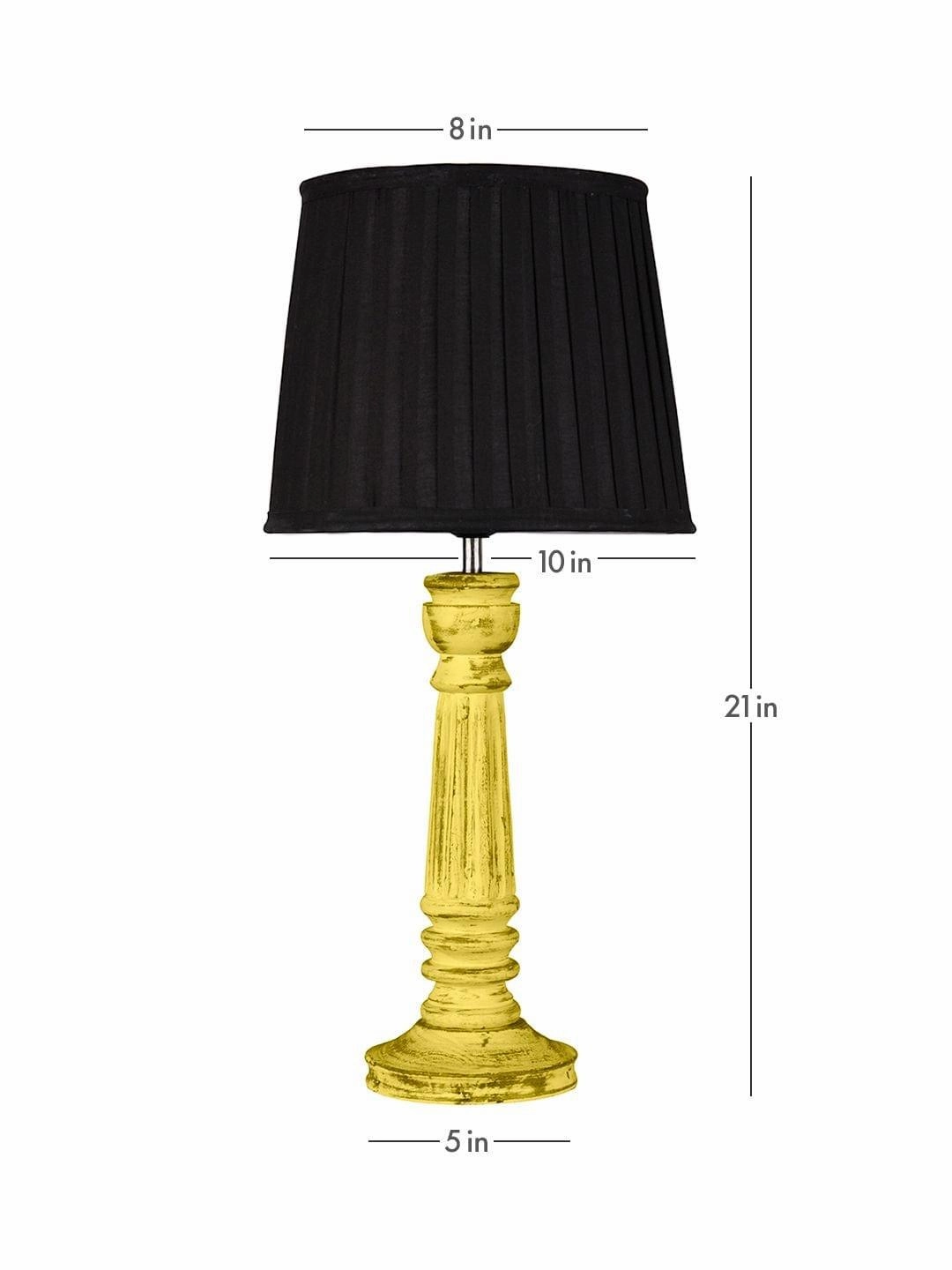 Wooden Pillar Yellow lamp with pleeted Black Soft Shade