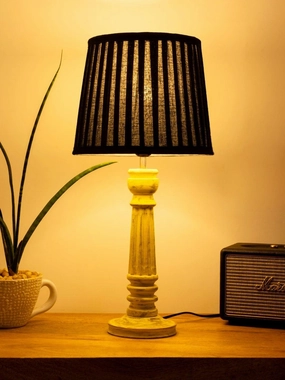 Wooden Pillar Yellow lamp with pleeted Black Soft Shade Louis Poulsen chandelier