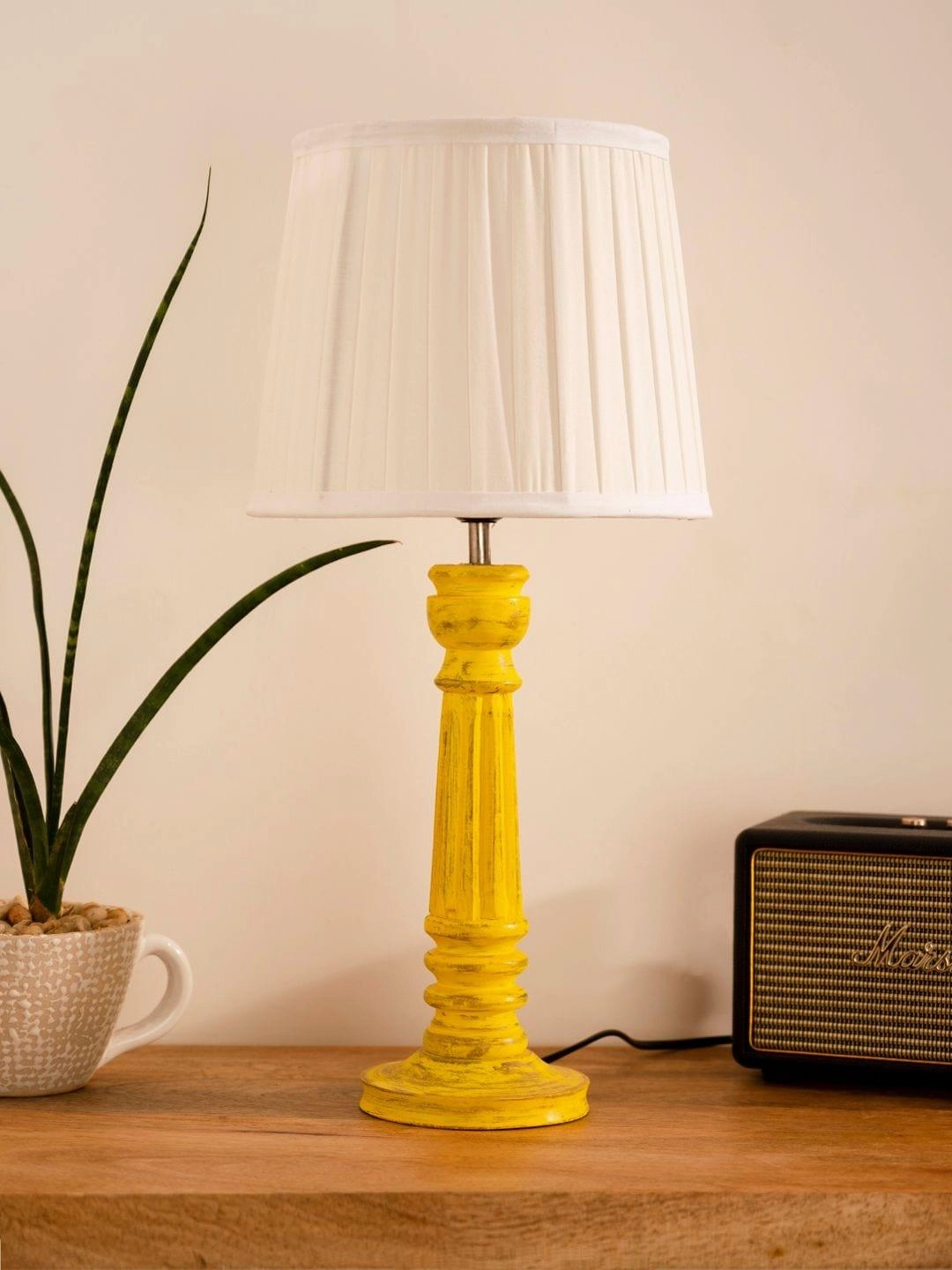 Wooden Pillar Yellow lamp with pleeted White Soft Shade