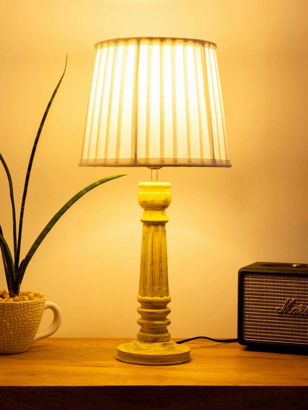 Wooden Pillar Yellow lamp with pleeted White Soft Shade Louis Poulsen chandelier