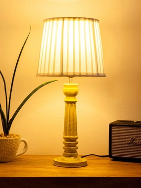 Wooden Pillar Yellow lamp with pleeted White Soft Shade Louis Poulsen chandelier