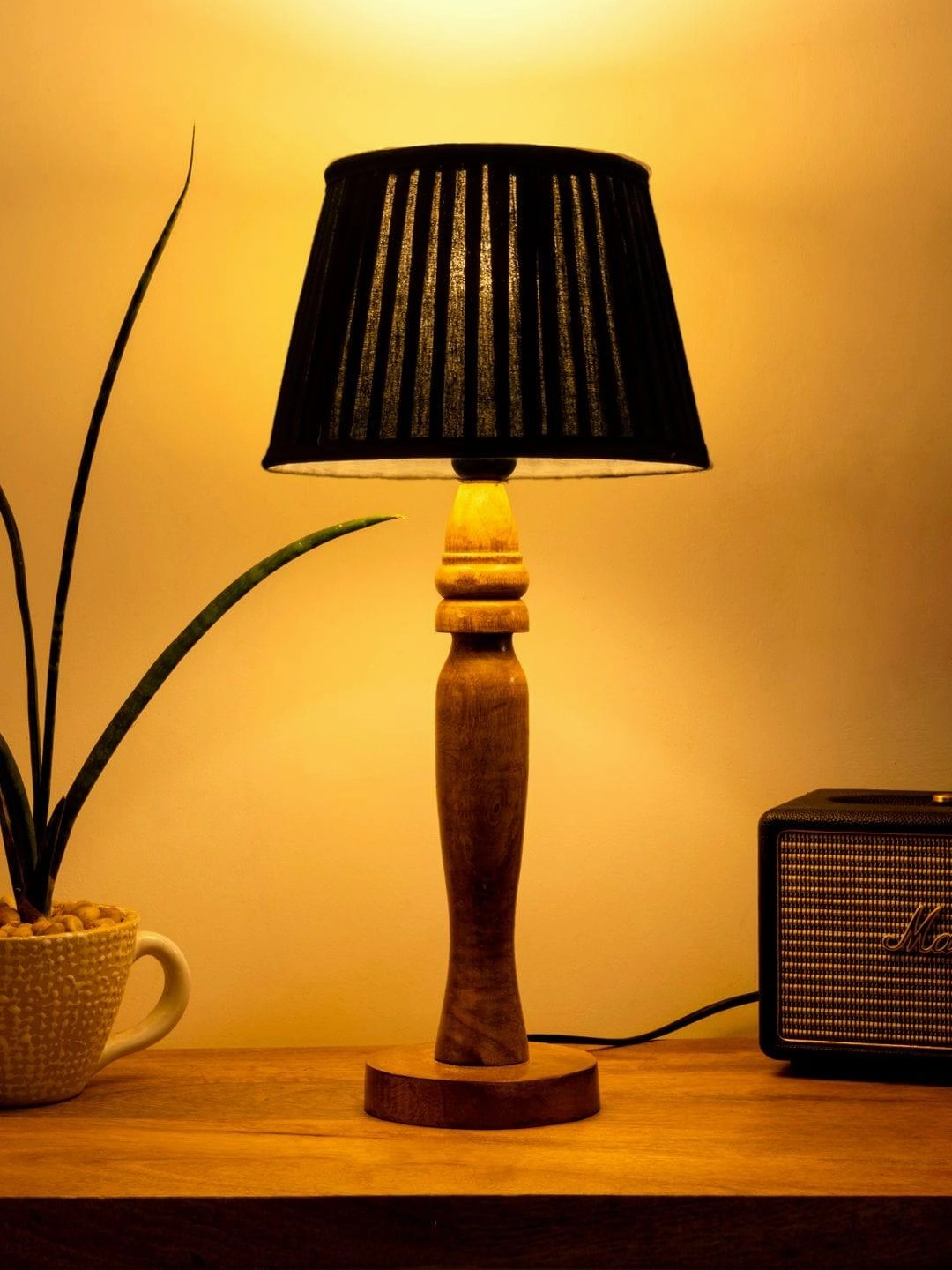 Wooden Round Brown Lamp with pleeted Black Taper soft Shade Louis Poulsen chandelier