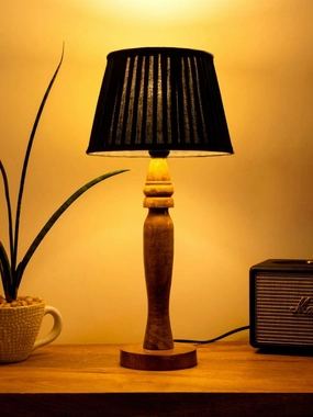 Wooden Round Brown Lamp with pleeted Black Taper soft Shade Louis Poulsen chandelier