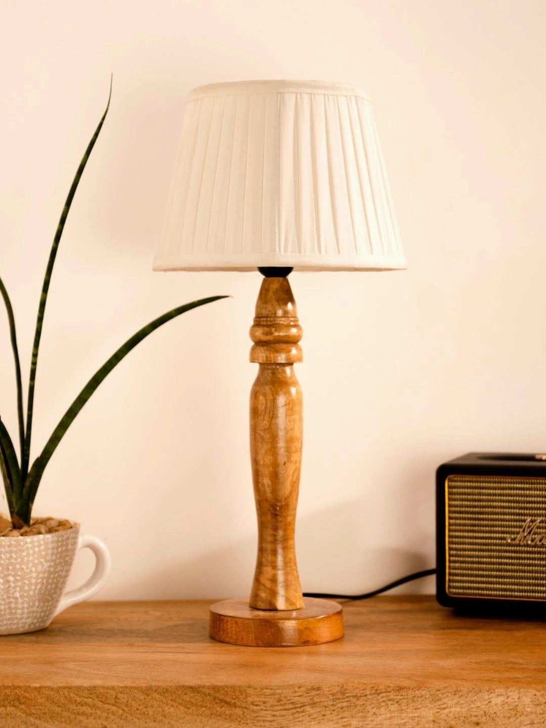 Wooden Round Brown Lamp with pleeted White Taper soft Shade
