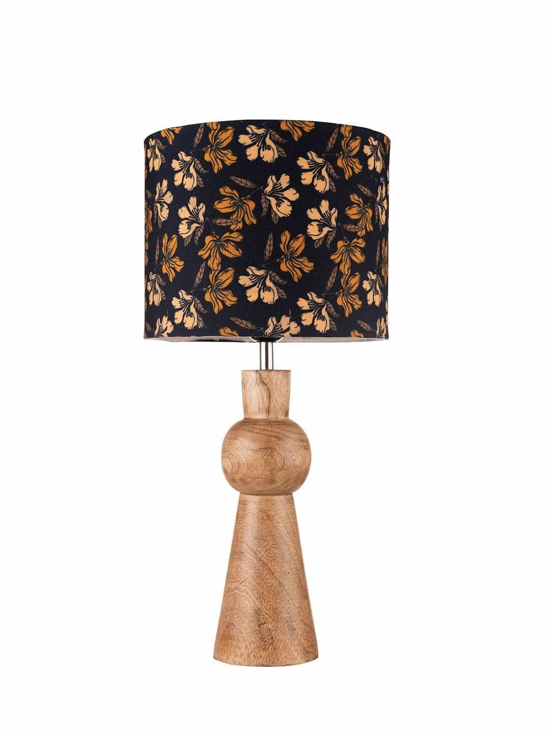 Wooden Skirt Lamp with Multicolor Black Floral Shade