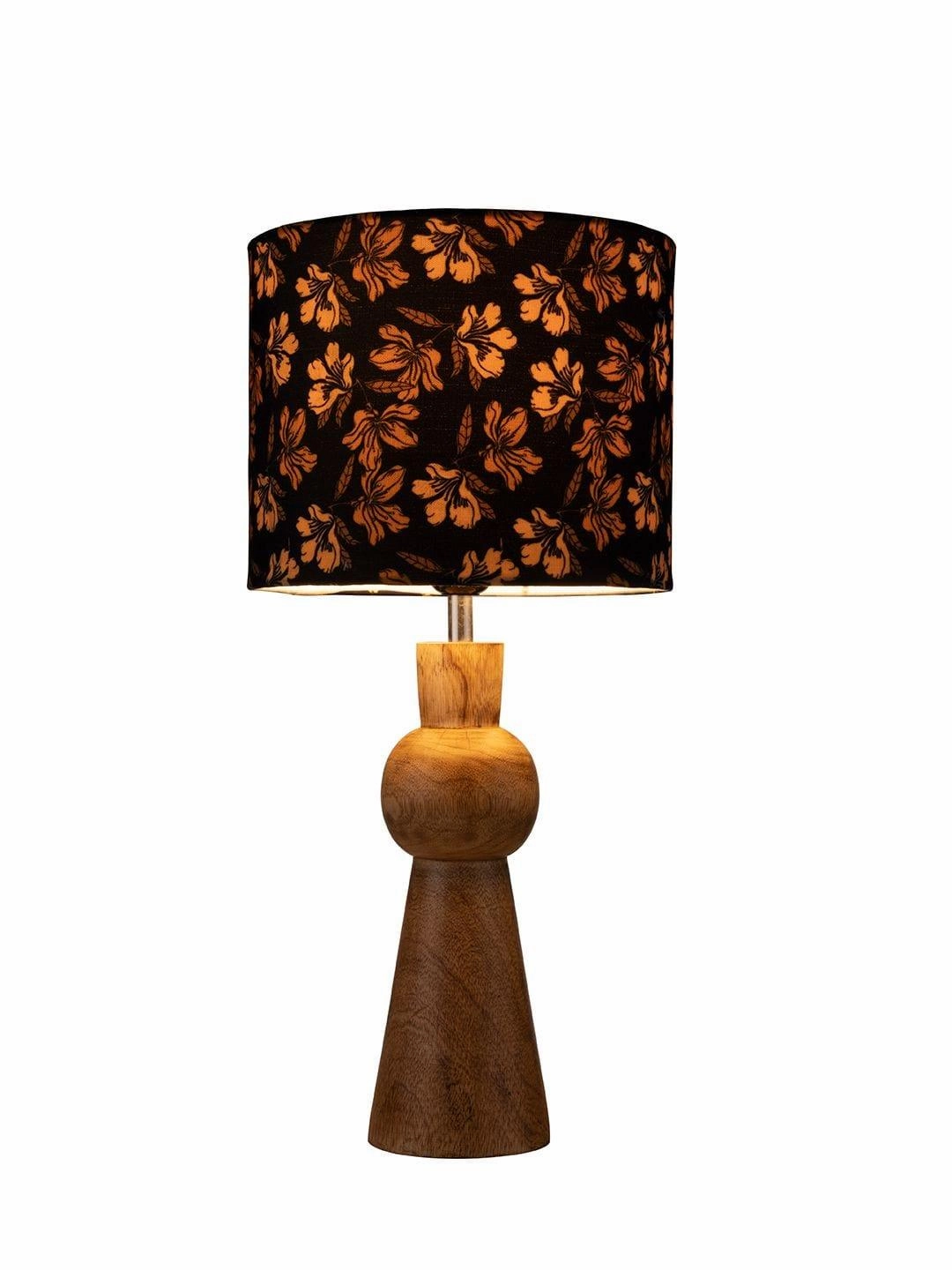 Wooden Skirt Lamp with Multicolor Black Floral Shade