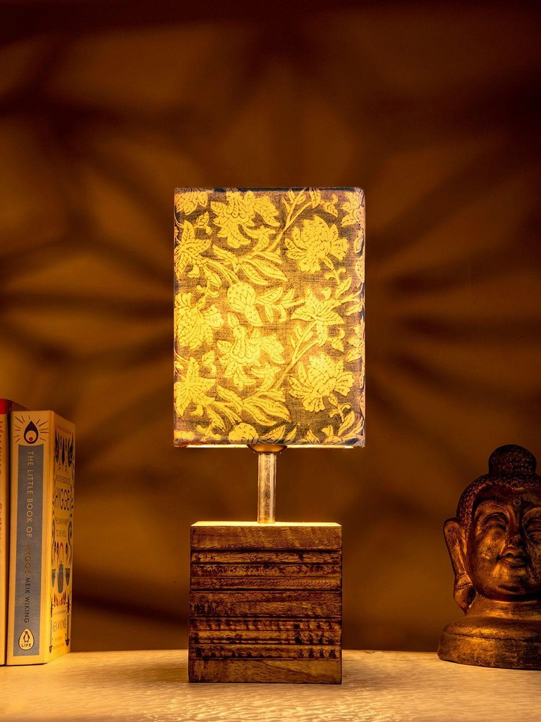 Wooden Stripped Cube Lamp with Colorful Blue Shade