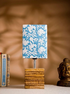 Wooden Stripped Cube Lamp with Colorful Blue Shade Louis Poulsen chandelier
