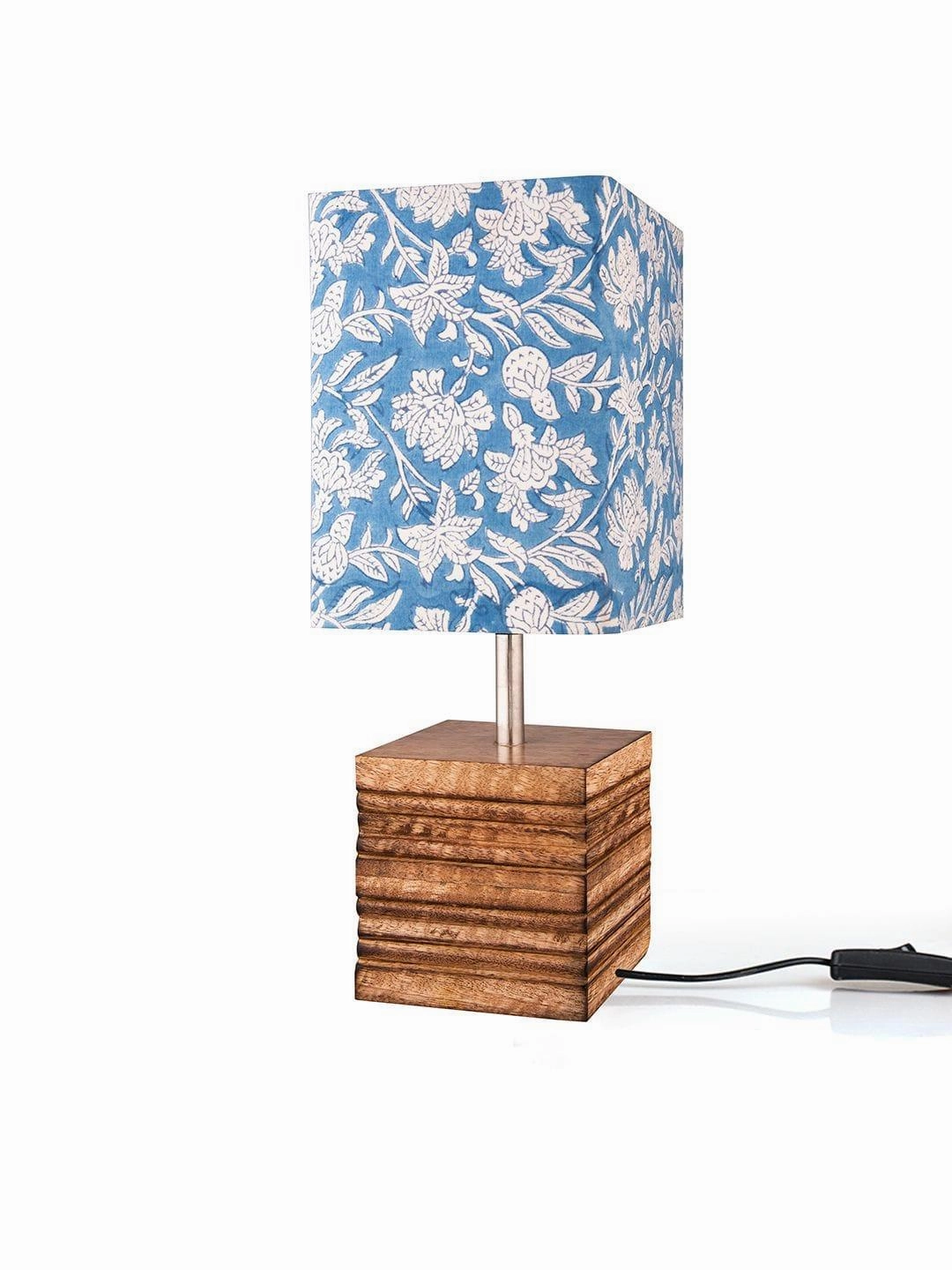 Wooden Stripped Cube Lamp with Colorful Blue Shade
