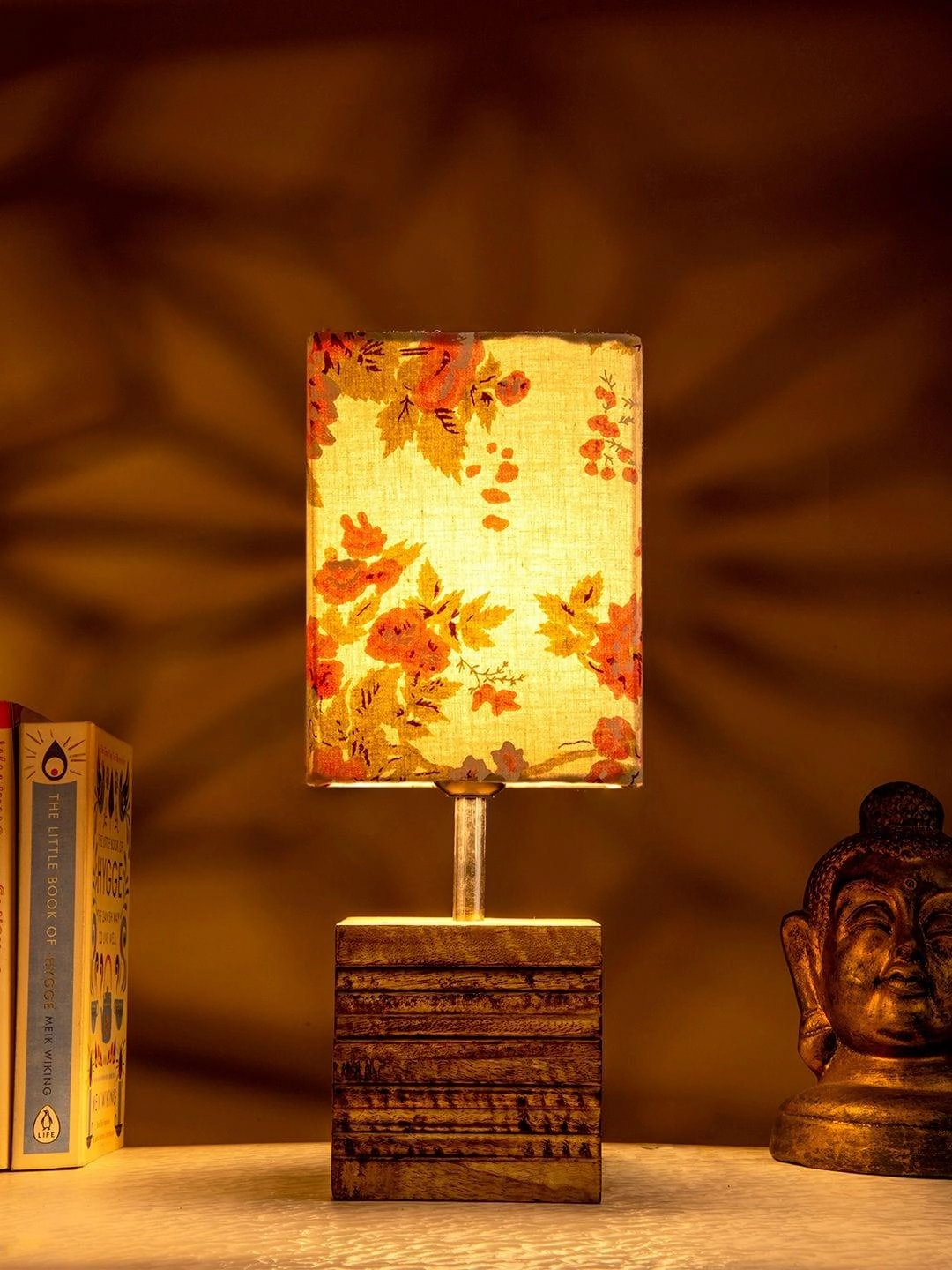 Wooden Stripped Cube Lamp with Colorful Grey Shade