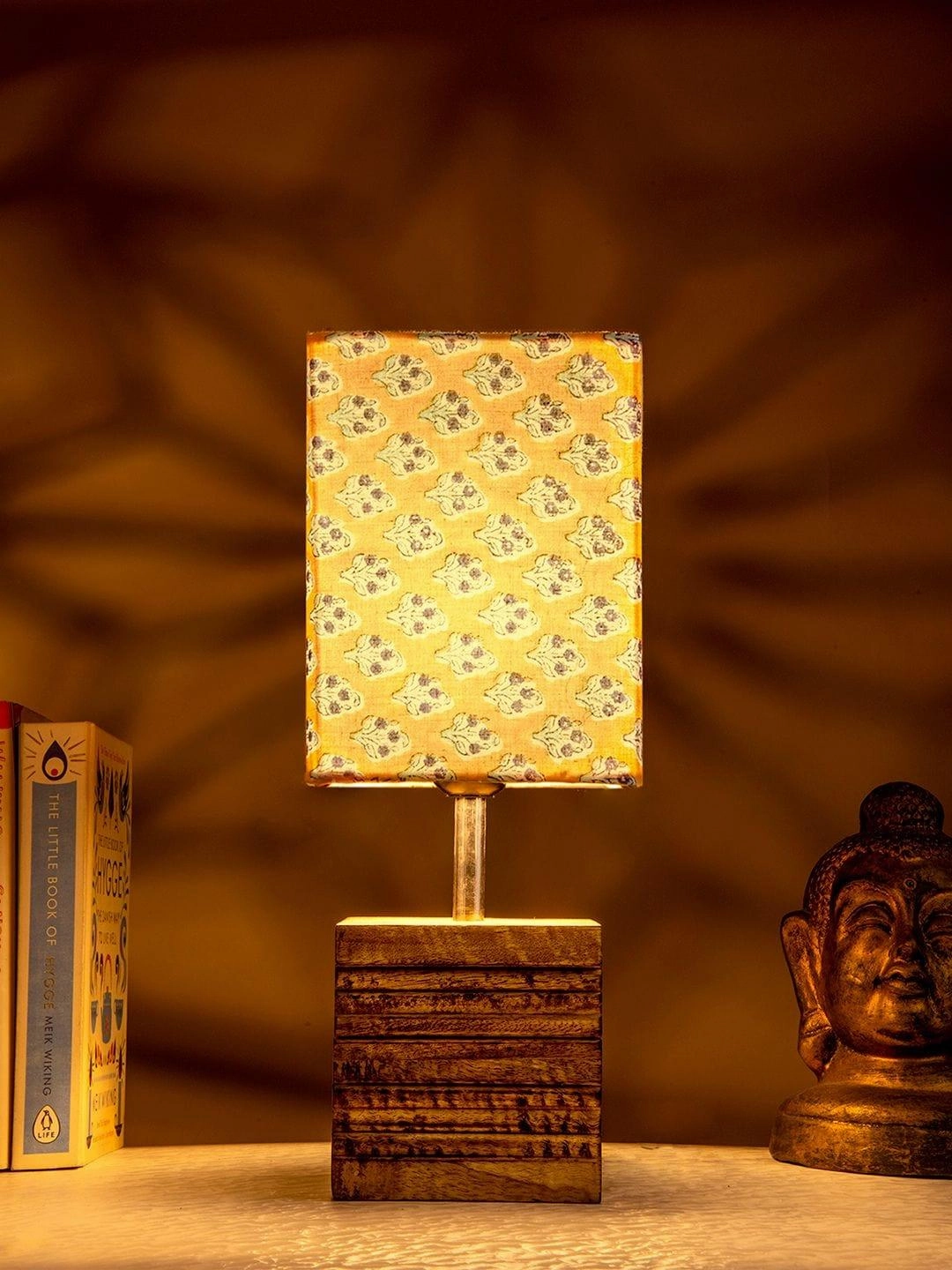 Wooden Stripped Cube Lamp with Colorful Yellow Shade