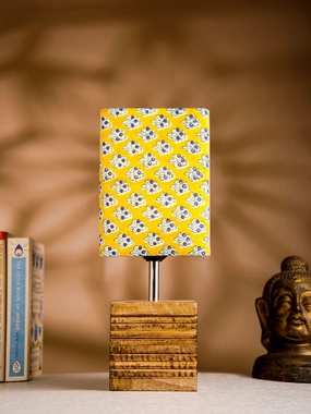 Wooden Stripped Cube Lamp with Colorful Yellow Shade Louis Poulsen chandelier
