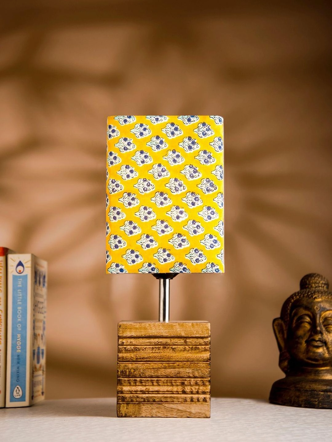 Wooden Stripped Cube Lamp with Colorful Yellow Shade Louis Poulsen chandelier