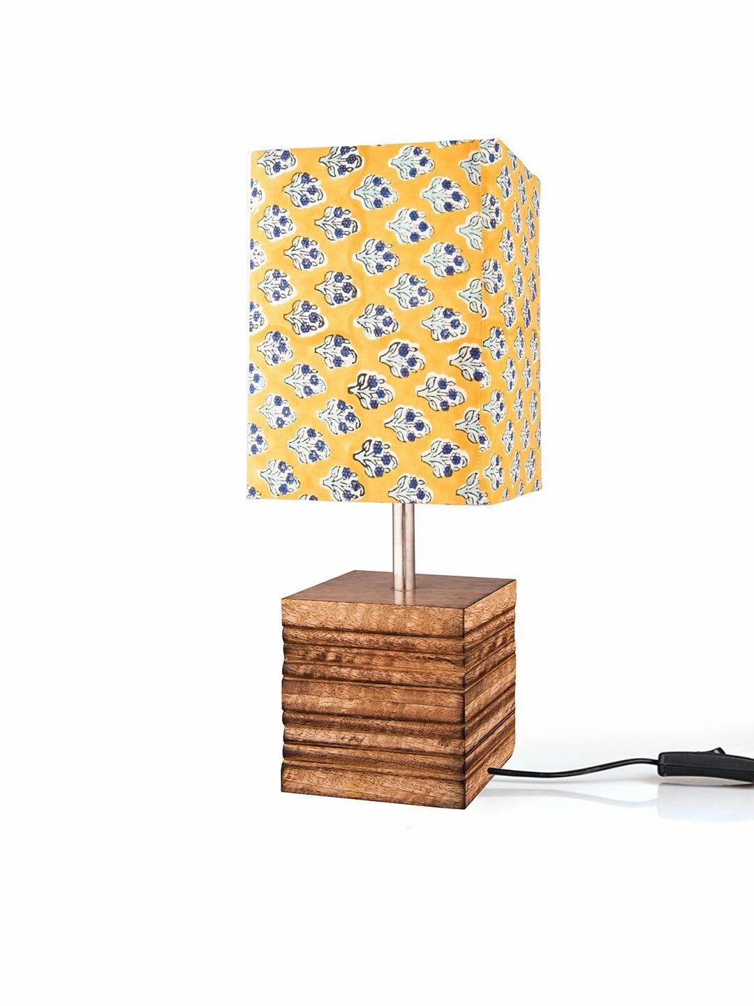 Wooden Stripped Cube Lamp with Colorful Yellow Shade