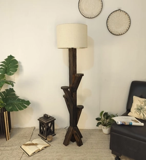 Woods Wooden Floor Lamp with Brown Base and Jute Fabric Lampshade garden LED light