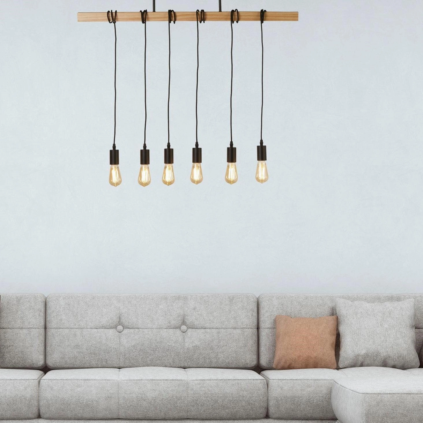 Woody 6 Light Black & Ash Wood Ceiling Pendant Searchlight