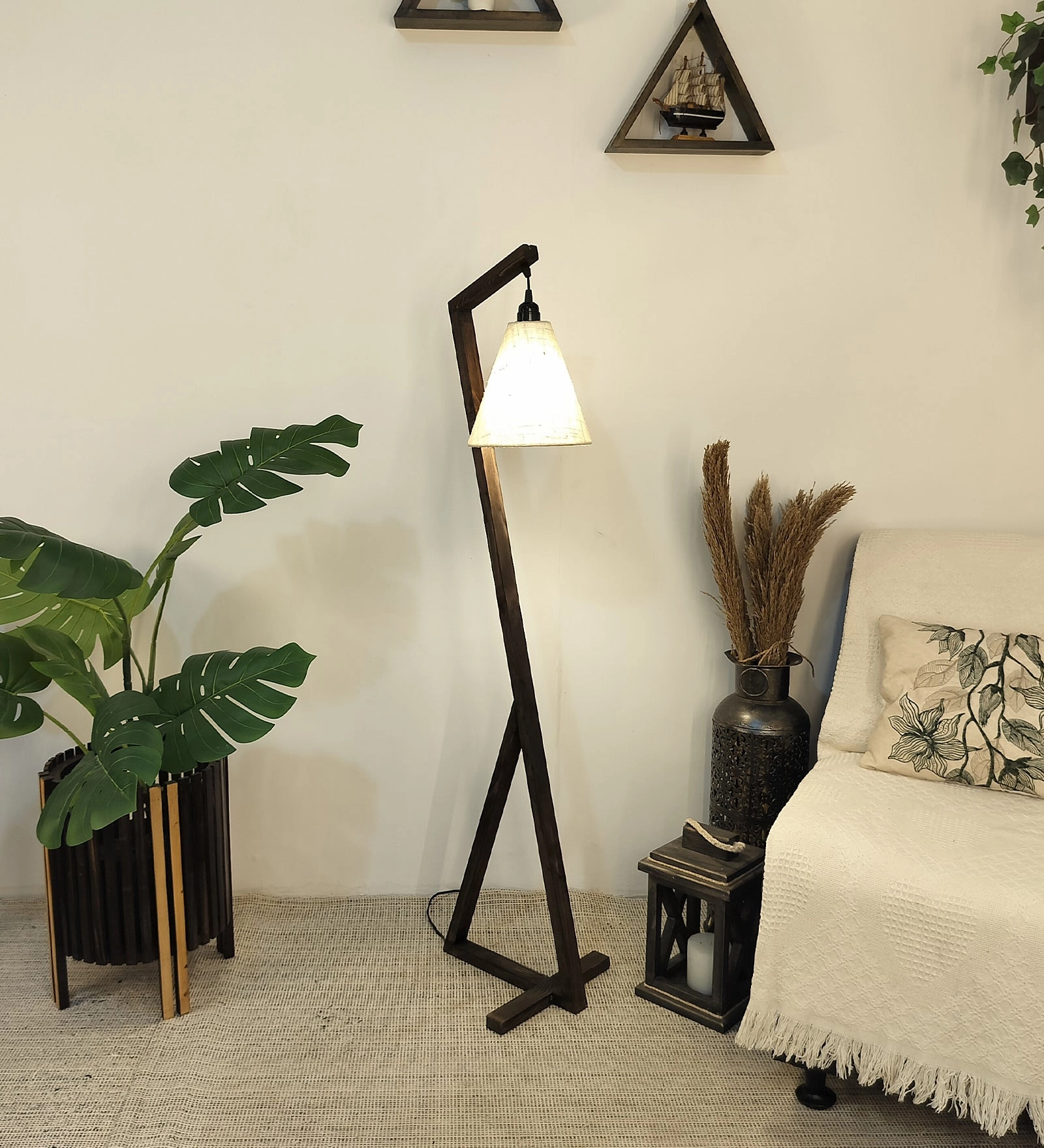 Zed Wooden Floor Lamp with Brown Base and Beige Fabric Lampshade (BULB NOT INCLUDED) garden LED light