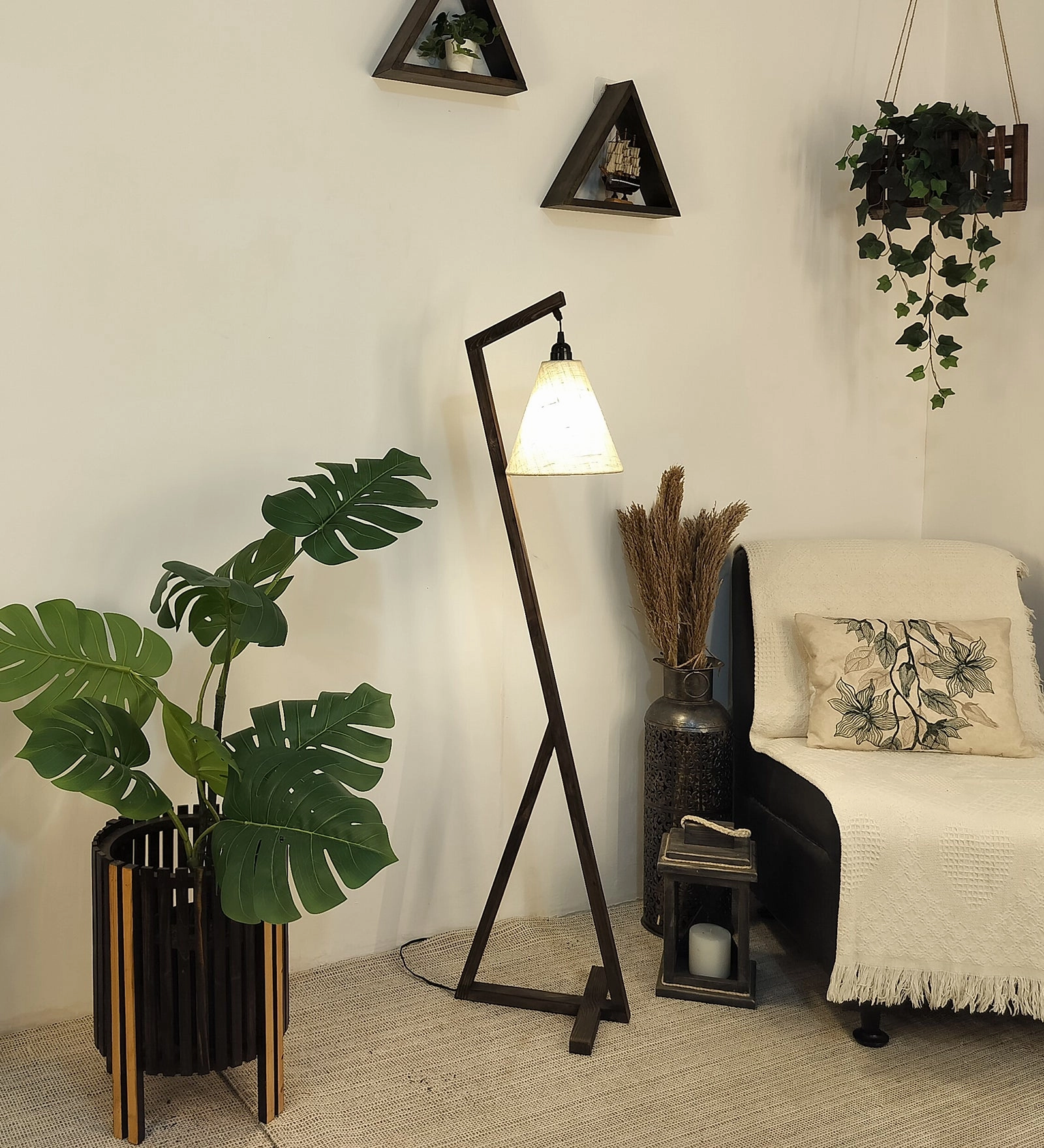 Zed Wooden Floor Lamp with Brown Base and Beige Fabric Lampshade (BULB NOT INCLUDED)